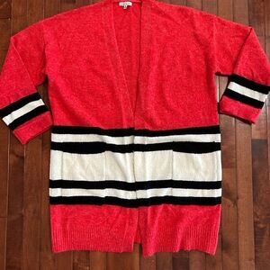 White Birch Coral, Black and White Striped Long Open Cardigan Size Small